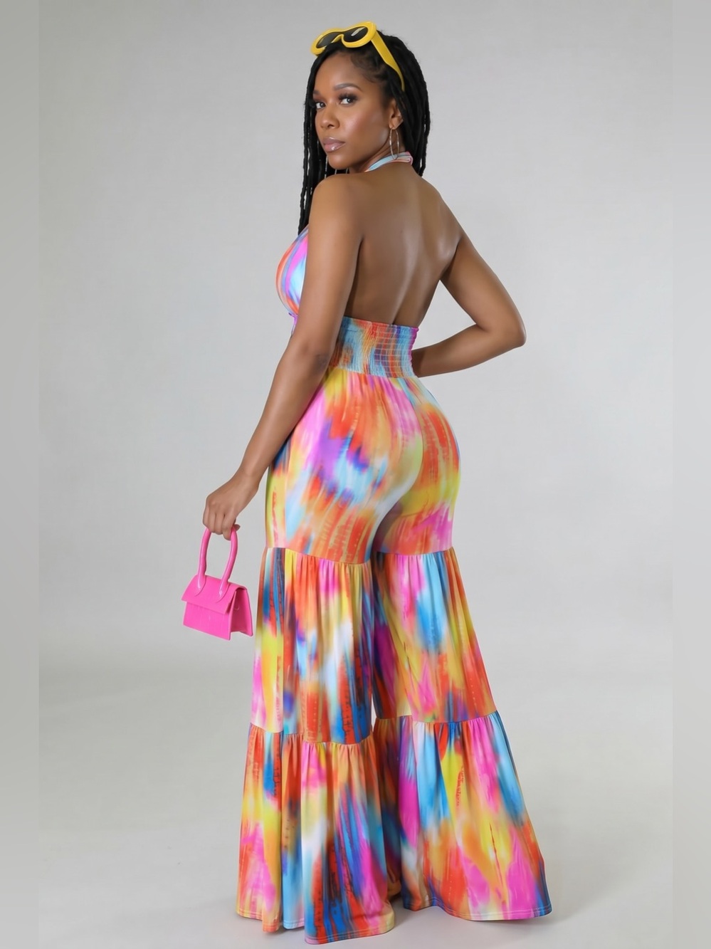 Colorful Halter Smocked Waist Wide Leg Tiered Jumpsuit Colorful NWT Boutique